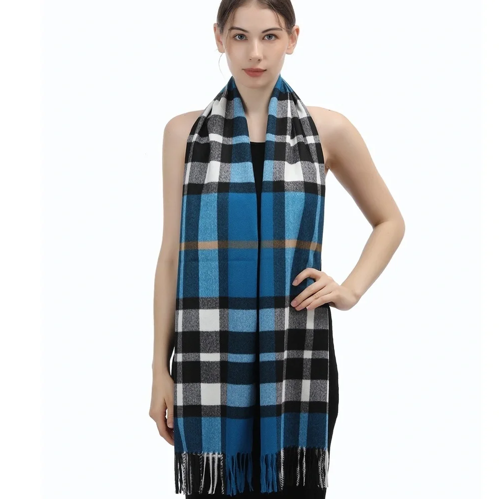 CASHMERE FEEL PLAID SCARF BLUE/WHITE